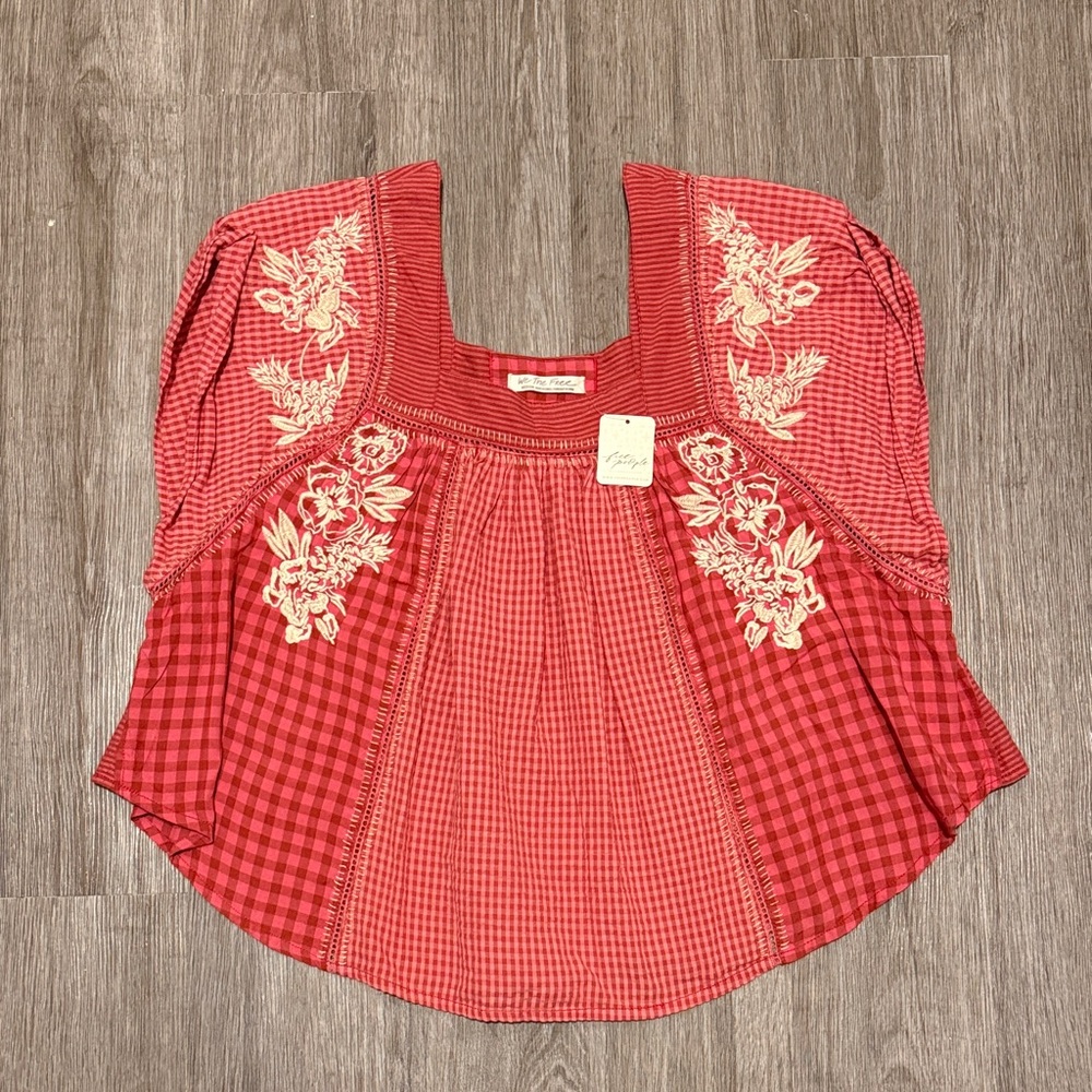 We The Free Red Embroidered Blouse